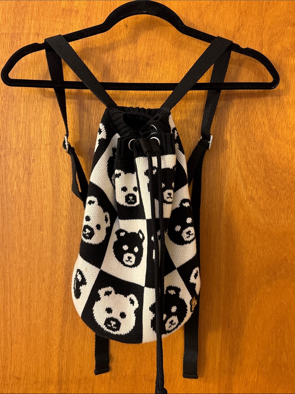 Teddy Fresh Black & White Bear Knit Drawstring Backpack